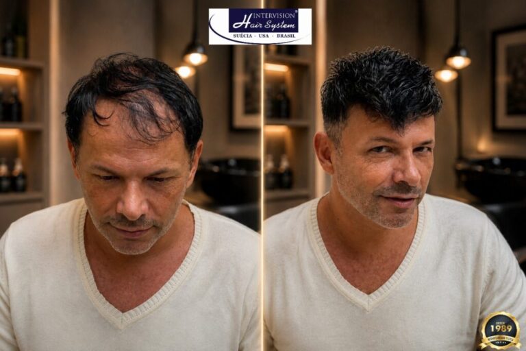 Antes e depois real de prótese capilar Intervision Hair System